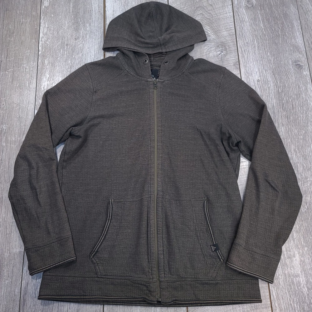 Prana Full Zip Hoodie Mens Medium Olive Brown Waffle Knit Striped Lining